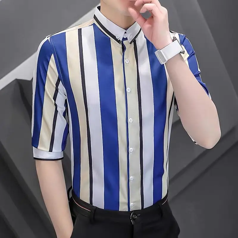 Men's Color Block Striped Barber Shirt Summer Lightweight Breathable 3/4 Sleeve Casual Button Down Blouse