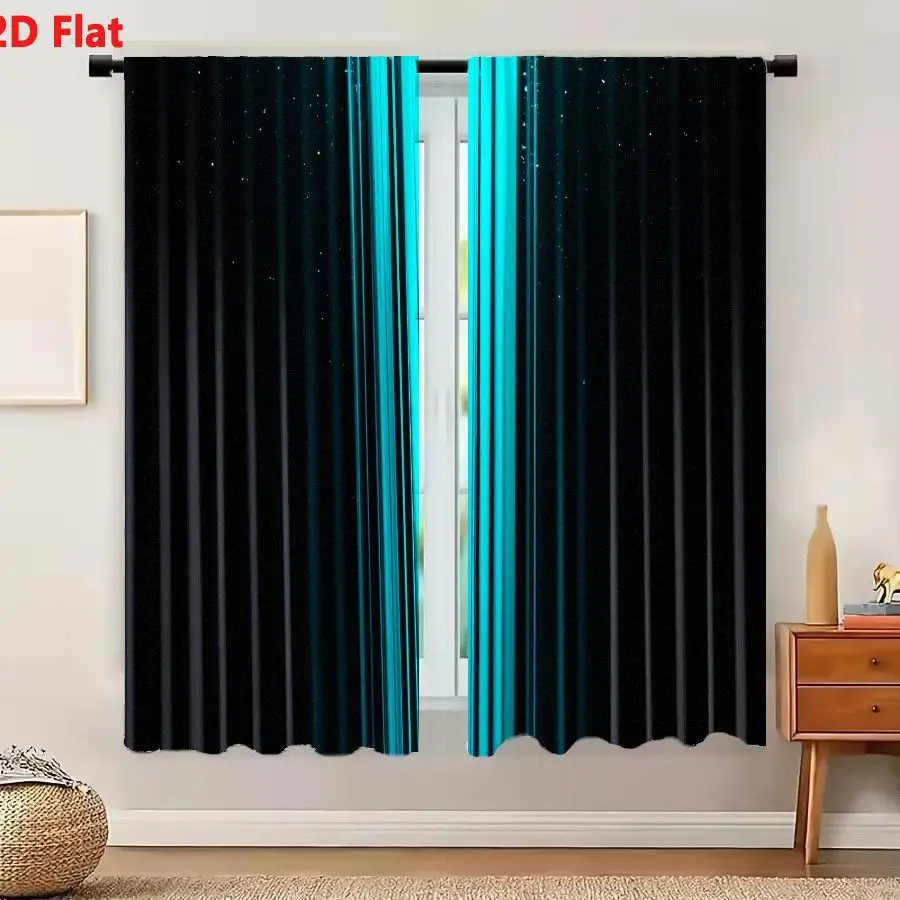 2Pcs Curtains Add 2D Flat Vertical Abstract Digital Design With Bright Cyan Blue Glowing Stripes And Sparkling White Dots On Dee