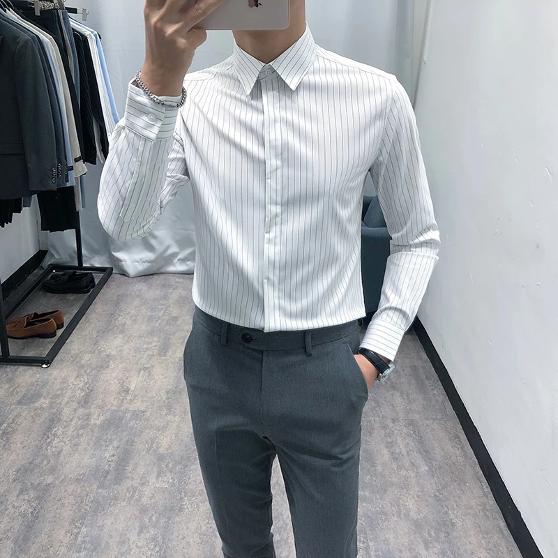 

Новая модная полосатая рубашка для мужчин с длинным рукавом, повседневная, приталенная, стильная, не требующая глажки, для мужчин