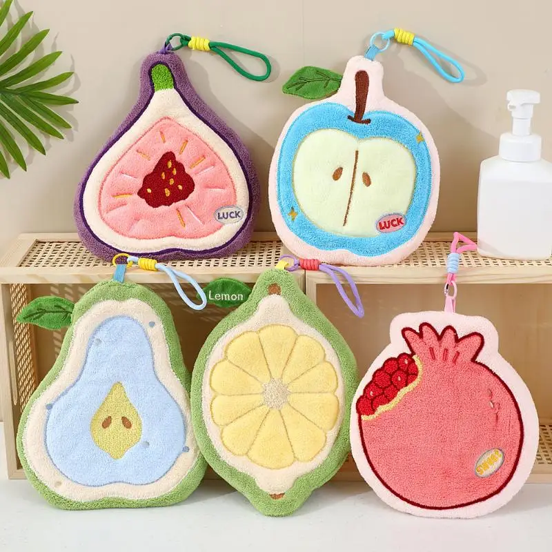 Cute Fruit Shaped Coral Fleece Hanging Hand Towels Strong Water Absorption Soft For Kitchen Bathroom Home Use〔White〕