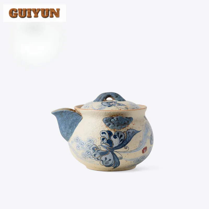 220ml Blue And White Fire Stone Red Cloud Butterfly Teapot Antique Tea Infuser Pot Tea Brewing Kettle With Filter Drinkware Gift