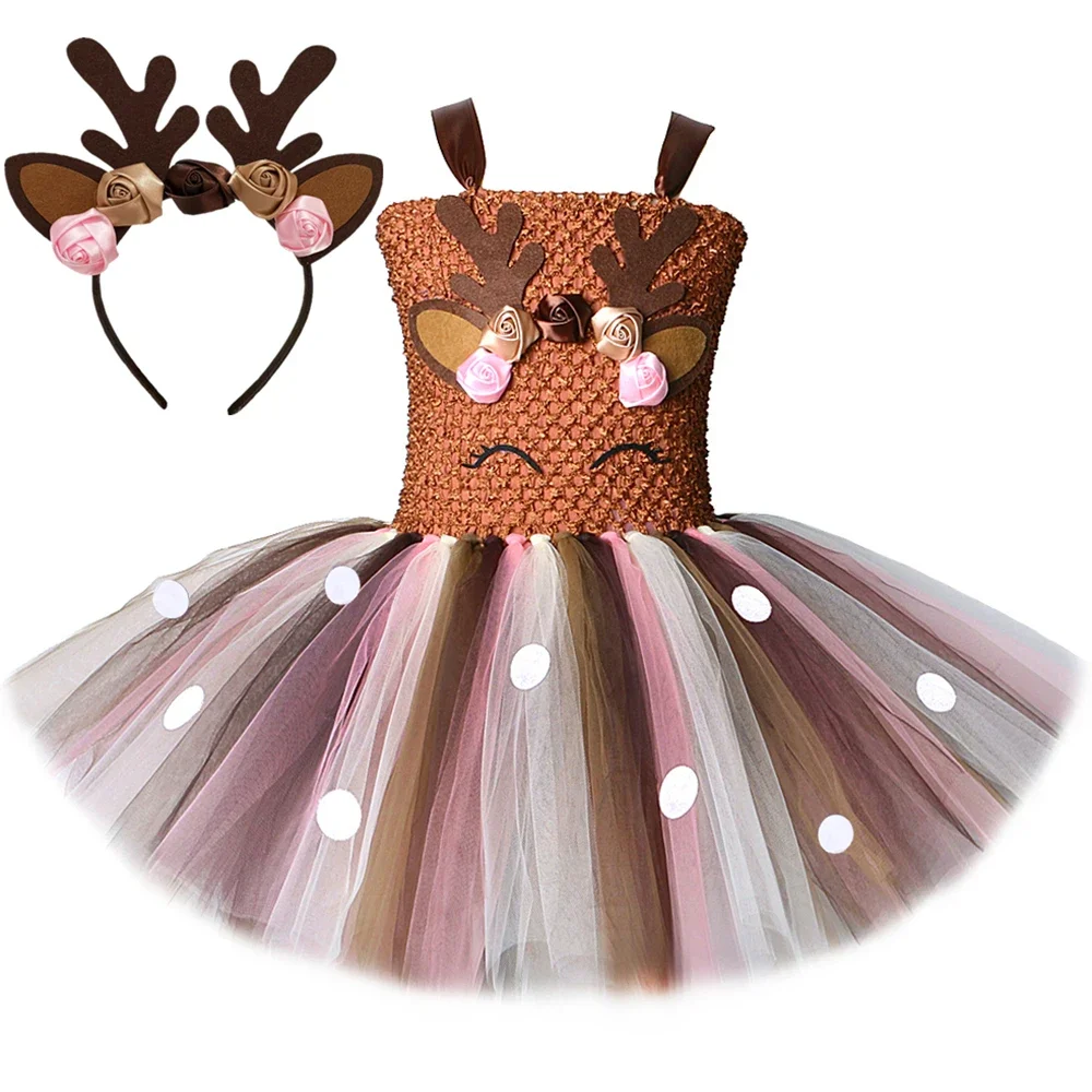 

Deer Costume for Baby Girls Christmas Party Dresses Children Princess Tutu Dress Antler Reindeer Cosplay Kids Clothes Vestido