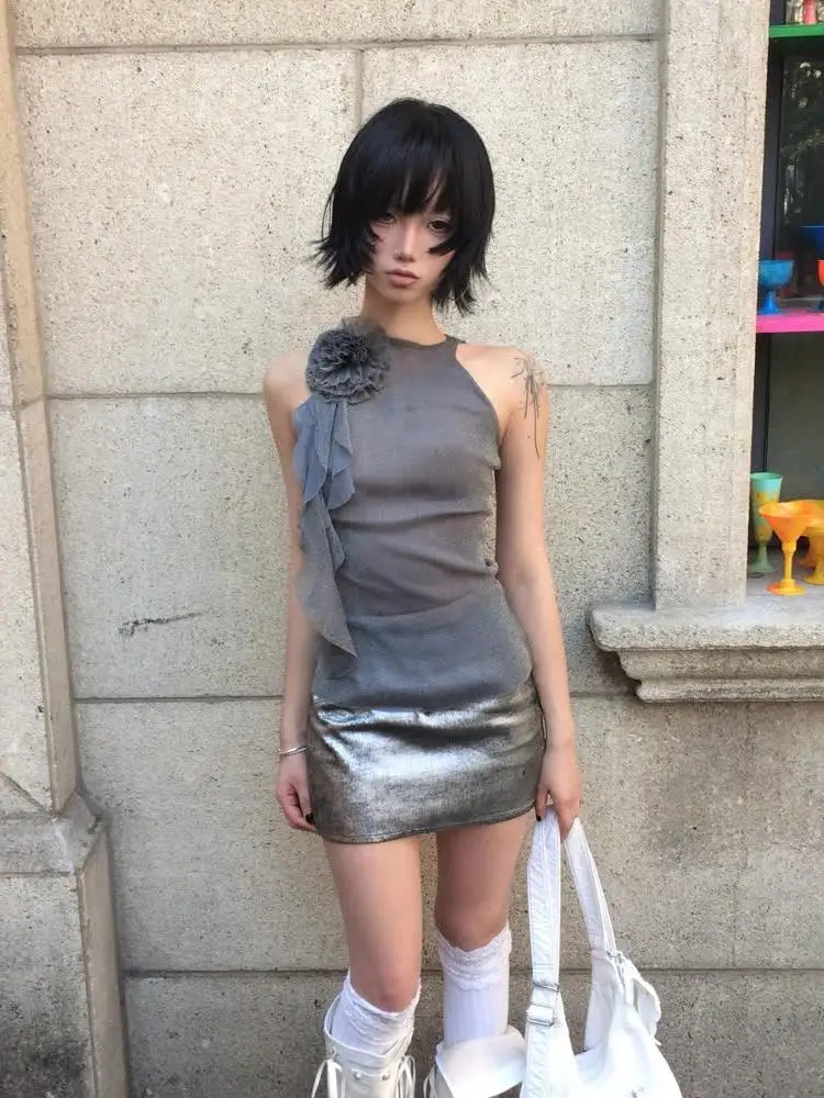 Genayooa Harajuku Y2kเสื้อดูผ่านริบบิ้นดอกไม้ตาข่ายเสื้อStreetwearญี่ปุ่น 2000S Aesthetic Sleevelesเสื้อฤดูร้อน