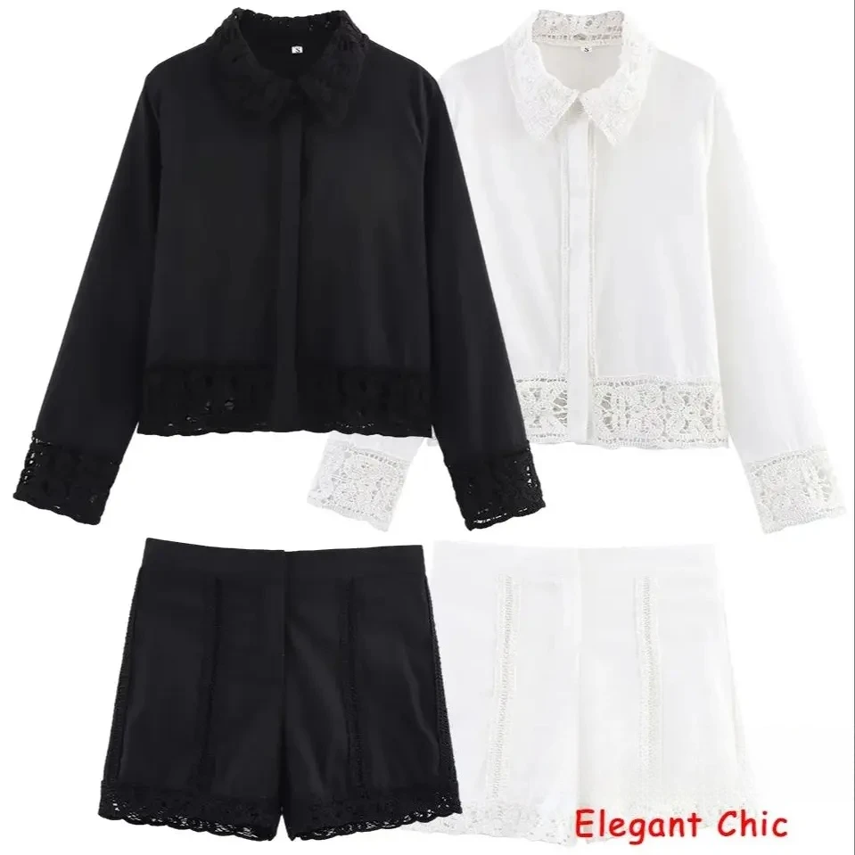 

KONDALA Summer Casual Crochet Set Women's Long Sleeve Lapel Shirt Or Mini Shorts 2025 Fashion High Street Holidays Shorts Suit