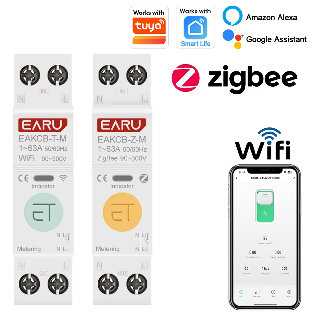 Wyłącznik automatyczny EARU Tuya ZigBee WiFi Smart 63A MCB z timerem, przekaźnikiem, licznikiem energii kWh, ochroną napięcia i prądu, sterowany zdalnie. — 2