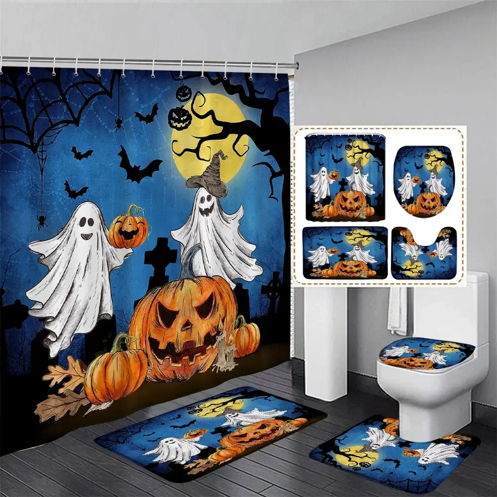 Halloween Shower Curtain Rug Set Ghost Pumpkin Skeleton Halloween Theme Cartoon Shower Curtains Holiday Home Bathroom Decoration