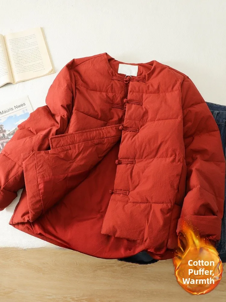 

Женское круглое хлопковое пальто Thiened Down Cotton Jaet на пуговицах спереди, теплое пальто в стиле ретро, длинная свевая зимняя верхняя одежда красного цвета