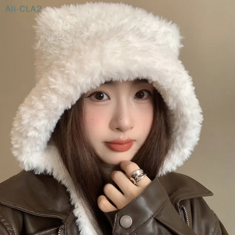 Cute Bear Ears Winter Hat Woolen Ear Protection Bucket Hat Plush Cold-proof Cycling Cap For Women