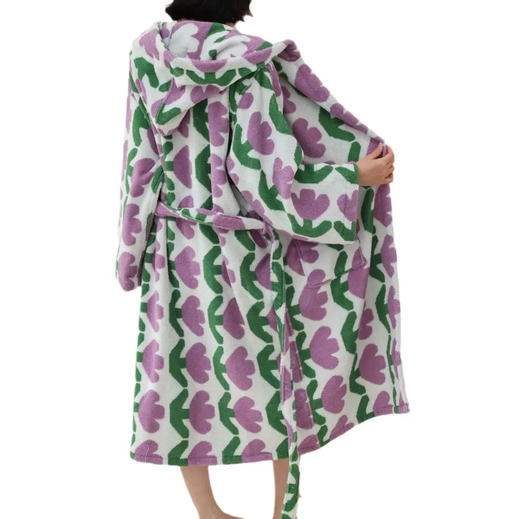 Asciugamano in spugna Kimono lungo accappatoio addensare abito con cappuccio in cotone a fiocco lungo stampa tulipani indumenti da notte donna