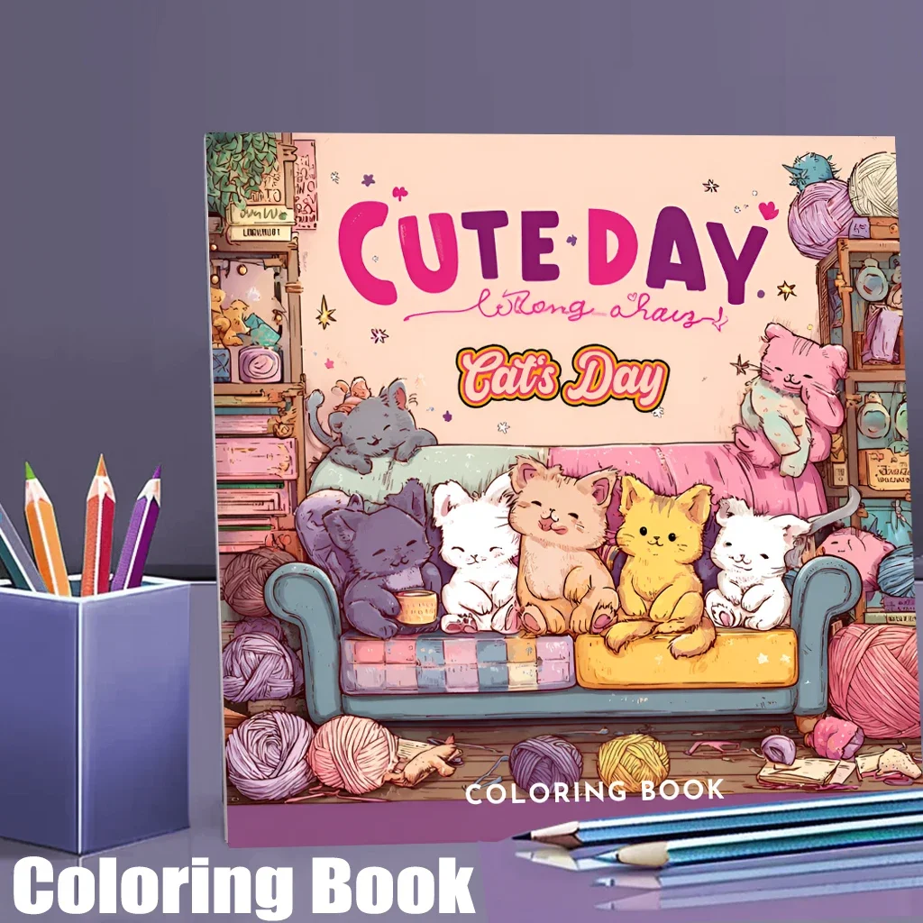 Libro para colorear diario Cutie Cats para adultos |   Libro para colorear de 28 páginas, material de dibujo para Navidad, Acción de Gracias