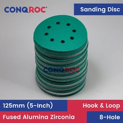 100 Pieces 125mm (5-Inch) 8-Hole Sanding Discs Fused Alumina Zirconia Dry and Wet Sandpapers Ployester Film Hook and Loop
