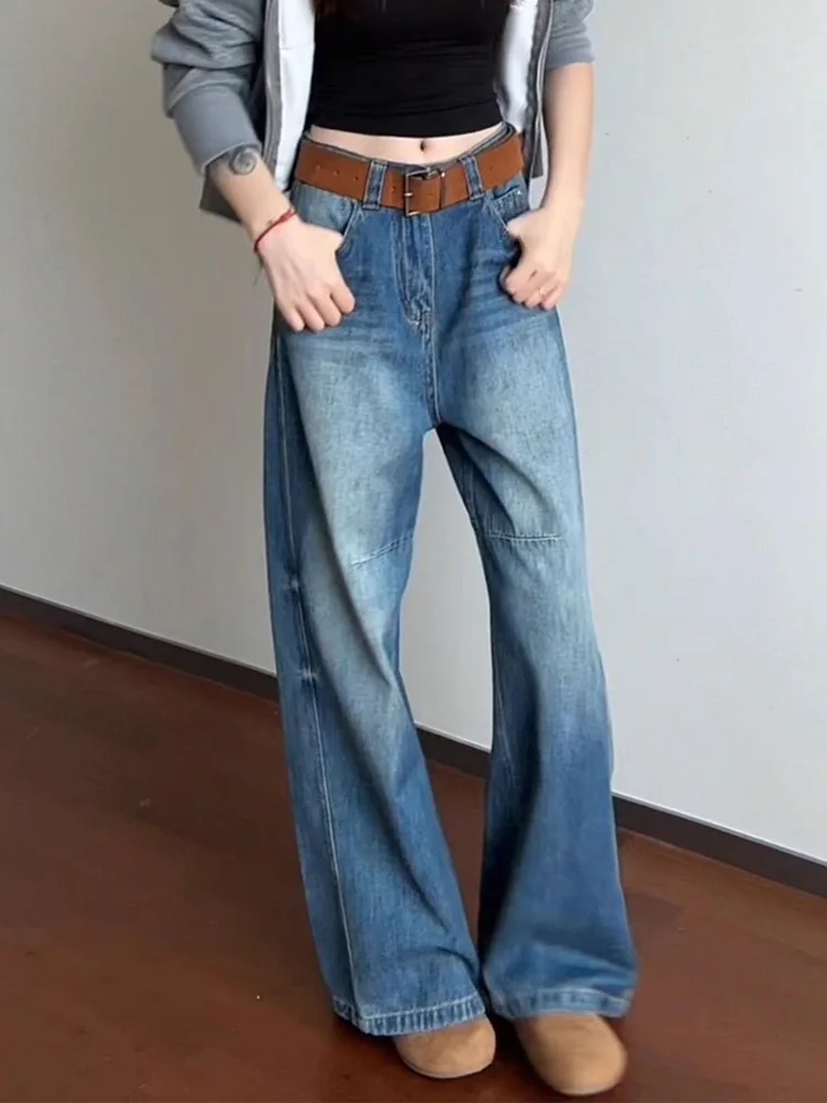 جينز نسائي عتيق غير رسمي مغسول من القطيفة عالي الخصر فضفاض مستقيم من قماش الدنيم موضة ملابس الشارع الشهير ريترو واسعة الساق Vaqueros