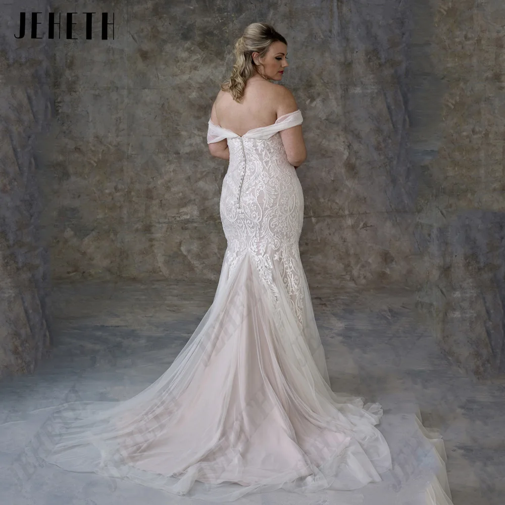 JEHETH Civil Mermaid Wedding Dresses Off Shoulder V-Neck Lace Applique Bride Gowns Tulle Plus Size Elegant vestidos de novia