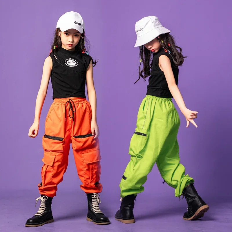 Ropa de Hip Hop Kpop para niños, Camiseta corta sin mangas negra, ropa de calle verde y naranja, pantalones Cargo tácticos para correr, disfraz de baile para niña