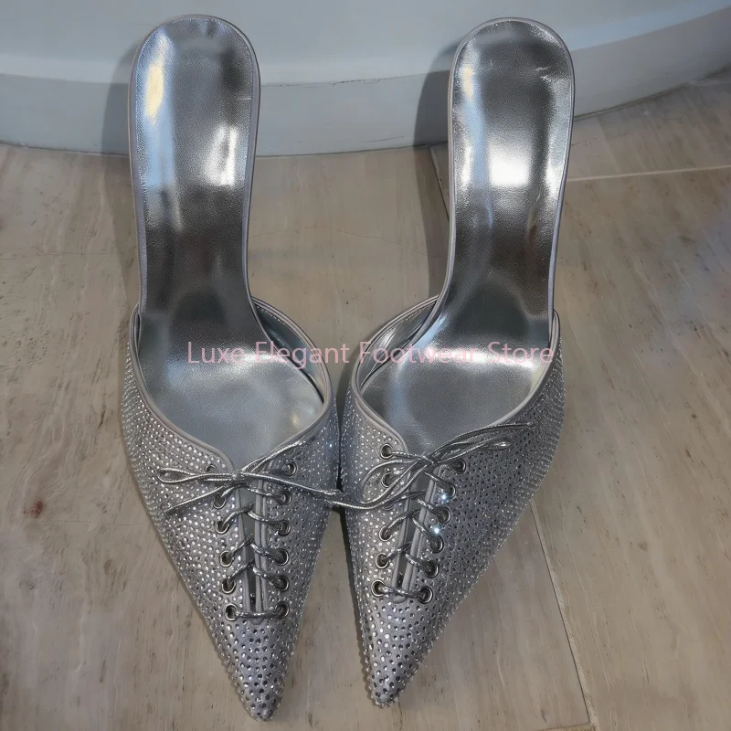 

Silver Crystal Cross Strap Pointed Toe Mules Slippers Women Hollow Lace Up Slip On Stiletto Sandals Luxury Fashion Party Shoes