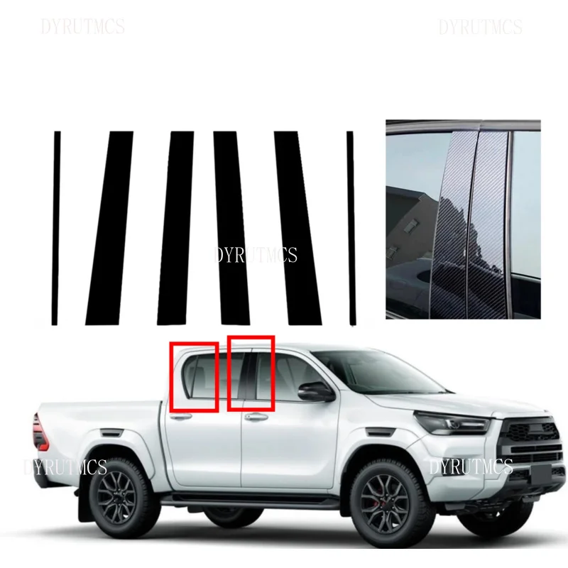 

6Pcs Silver Carbon Glossy Black Pillar Posts Fit For Toyota Hilux 2015-2020 2021 Window Moulding B C Center Sticker Cover