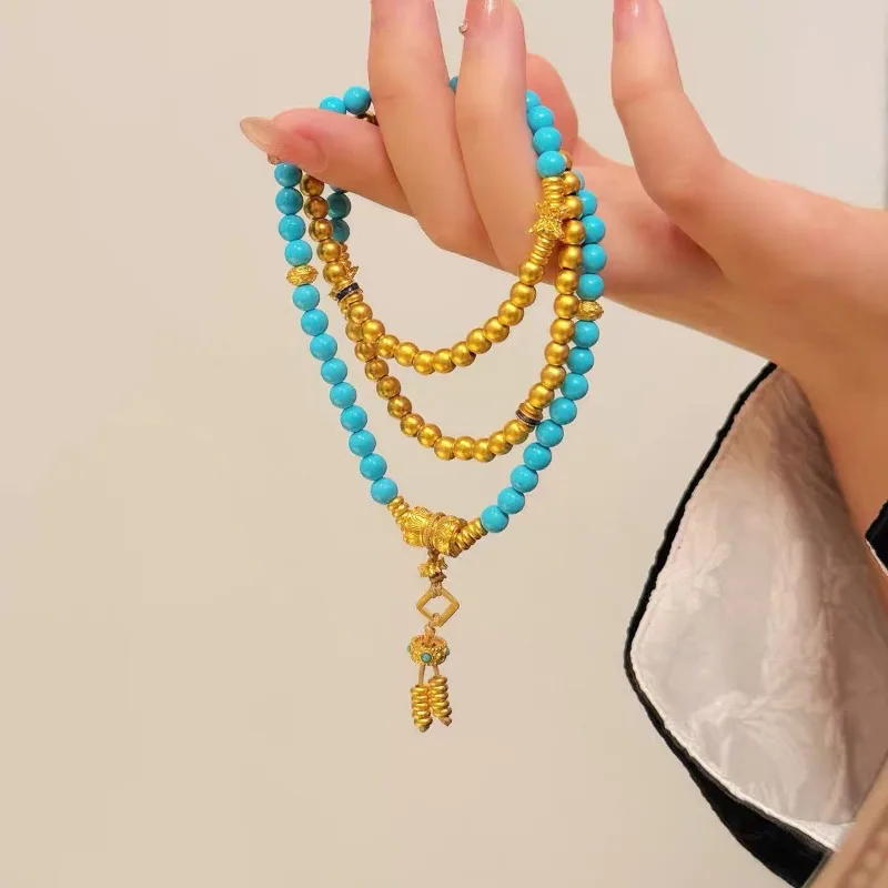 

Браслет с тройной оберткой из натуральной бирюзы, античное позолоченное гравированное ваджре, дизайн, богемный регулируемый гипоаллергенный подарок для нее