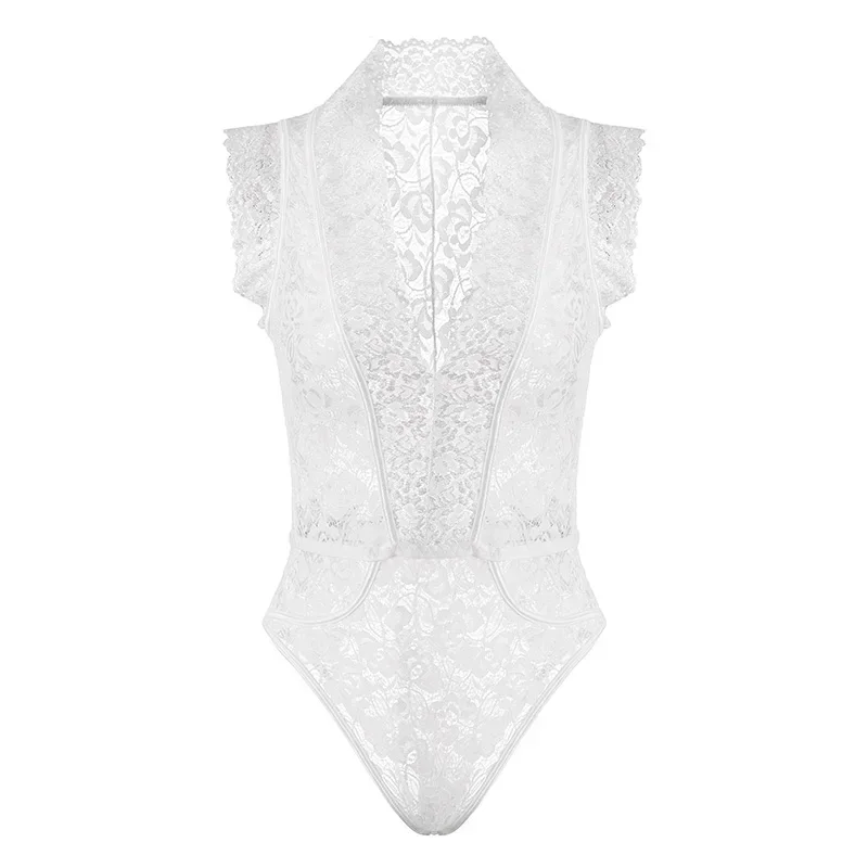 Branco verão apertado renda oco bodysuit feminino sexy macacão sheer floral feminino bodycon noite festa clube outfit macacão mn7