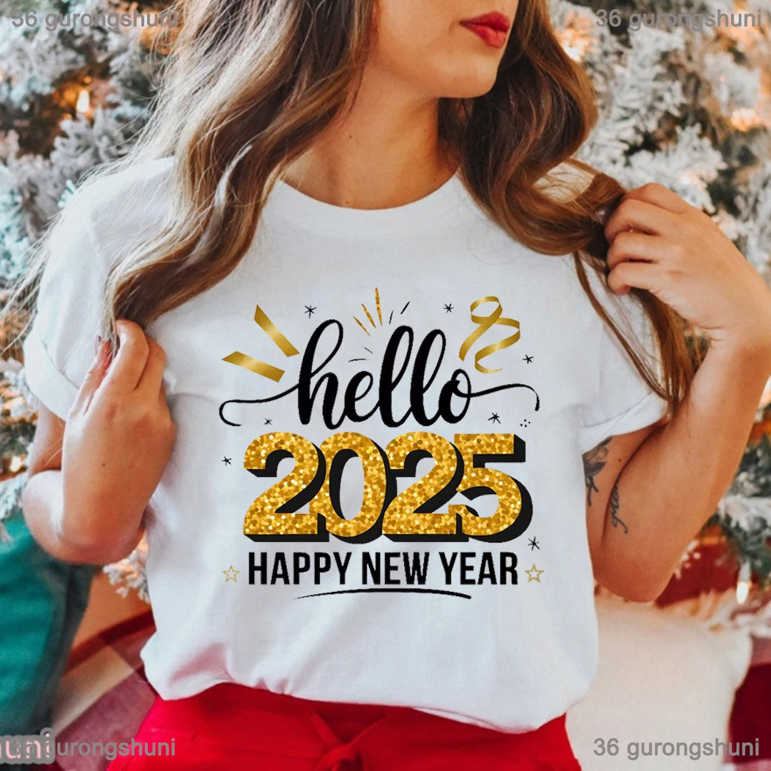 

Hello 2025 Happy New Year Graphic Printed Tshirt Girls Funny Summer Fashion T Shirt Women Harajuku Shirt White/Pink T-Shirt