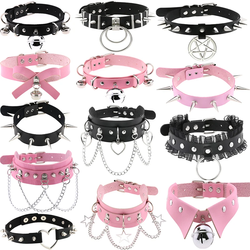 2Pcs/Pack Sexy Harajuku Black PU Leather Spike Rivet Cool Women Choker Punk Gothic Star Pentagram Heart Collares Hombre Jewelry