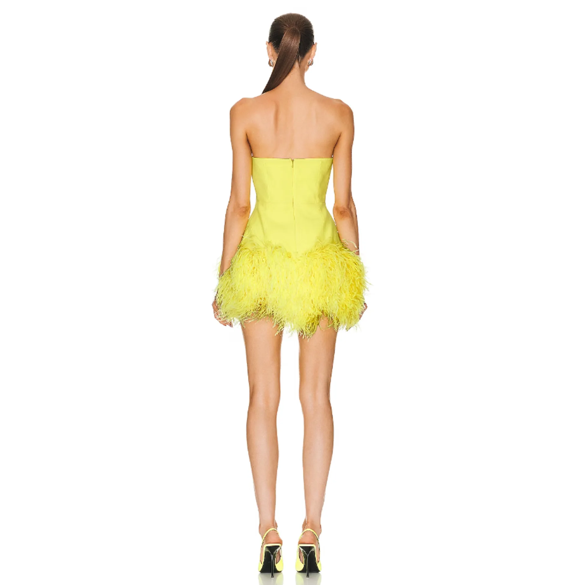 New Arrival Yellow Black Color Women Sexy Strapless Feathers Bodycon Mini Bandage Dress Fashion Celebrate Birthday Party Dress