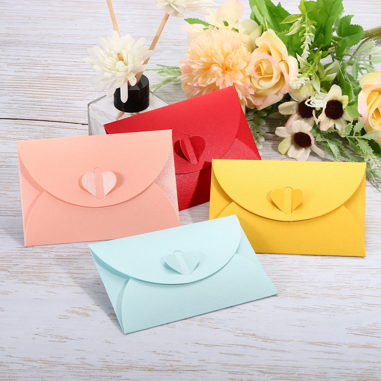 36Pcs 10.5x7cm Small Greeting Card Name Card Envelope Heart Shaped Clasp Gift Cards Holder Love Pearlescent Paper Mini Envelopes