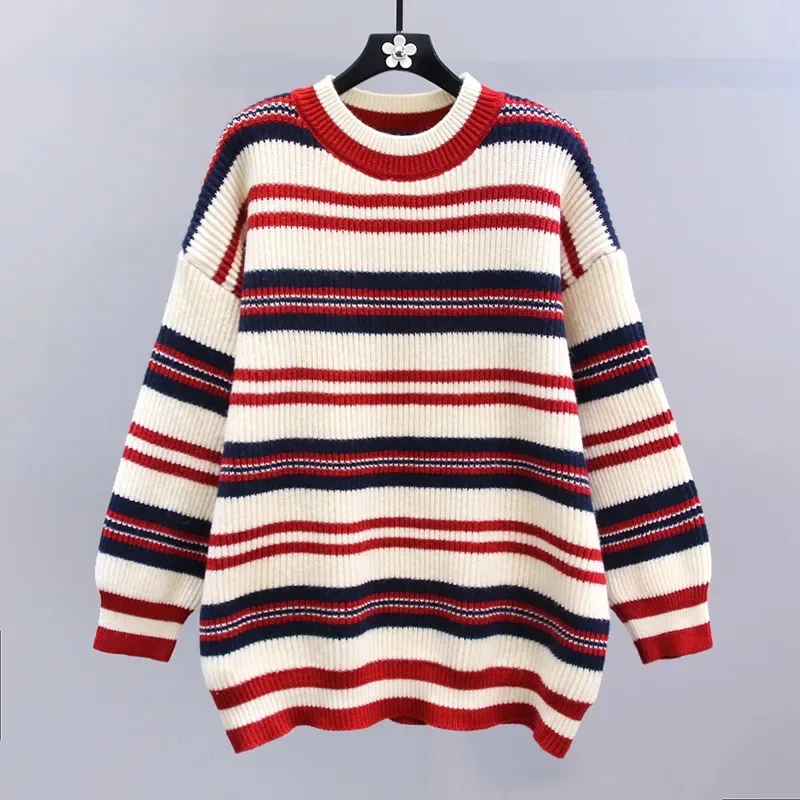 

Oversize Loose Stripe Sweater Women Autumn Winter O Neck Outwear Knitwear Tops Female Korean Casual Women Sweater Pullover 2023