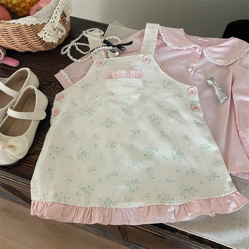 Korean Childrens Clothing 2024 New Autumn Girls Floral Skirt Fashionable Childrens Doll Collar Shirt Two-piece Set Trendy