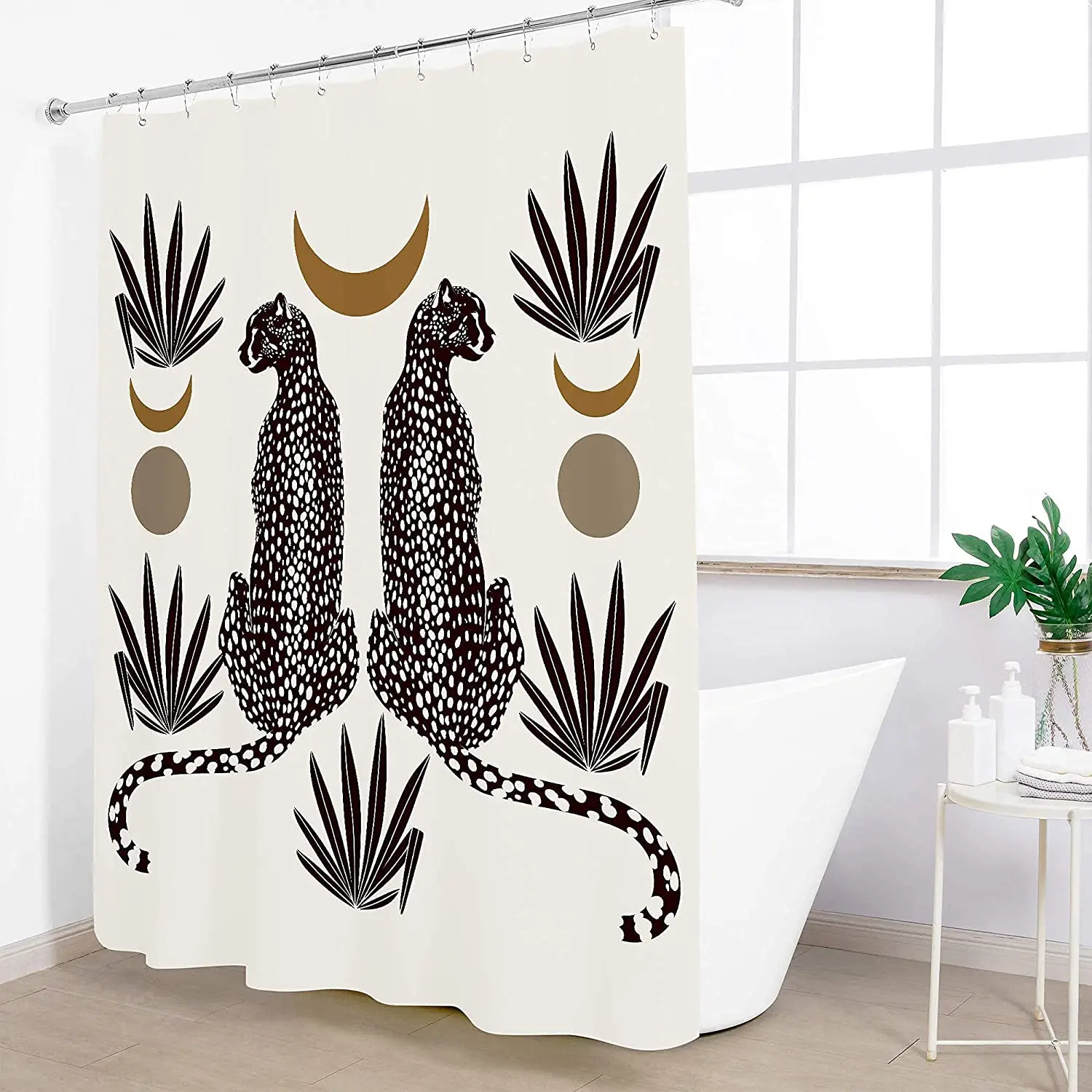 Boho Cheetah Leopard Shower Curtain Set Wildlife Bathroom Curtain Abstract Sun Moon Tropical Jungle Safari Art Bathtub Decor