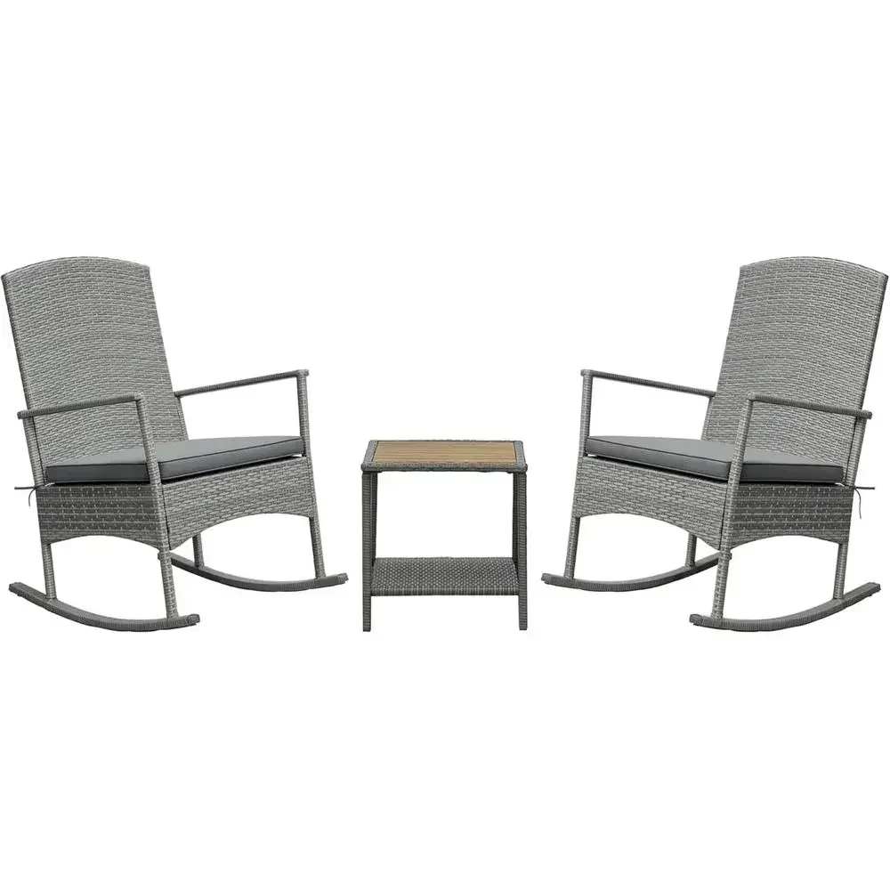 Gray 3-Piece Outdoor Wicker Rocking Chair Set with Cushions and 2-Tier Coffee Table