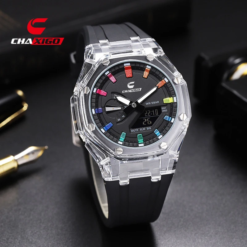 Reloj de pulsera de lujo para hombre CHAXIGO, reloj con calendario resistente al agua y luz nocturna, relojes de cuarzo con pantalla Dual para hombre, reloj para hombre