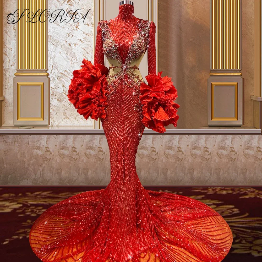 Robe de Soirée Luxueuse en Forme de Sirène Rouge à Volants et Manches sulf, Tenue de Soirée de Mariage en Perles de Clip, Couture Formelle, Nouvelle Collection