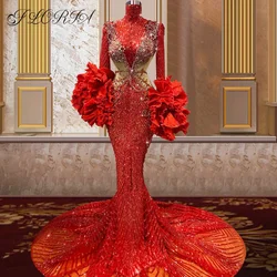 New Luxurious Red Mermaid Evening Dresses Ruffle Long Sleeves Crystal Beaded Wedding Party Dress Couture Formal Celebrity Gowns