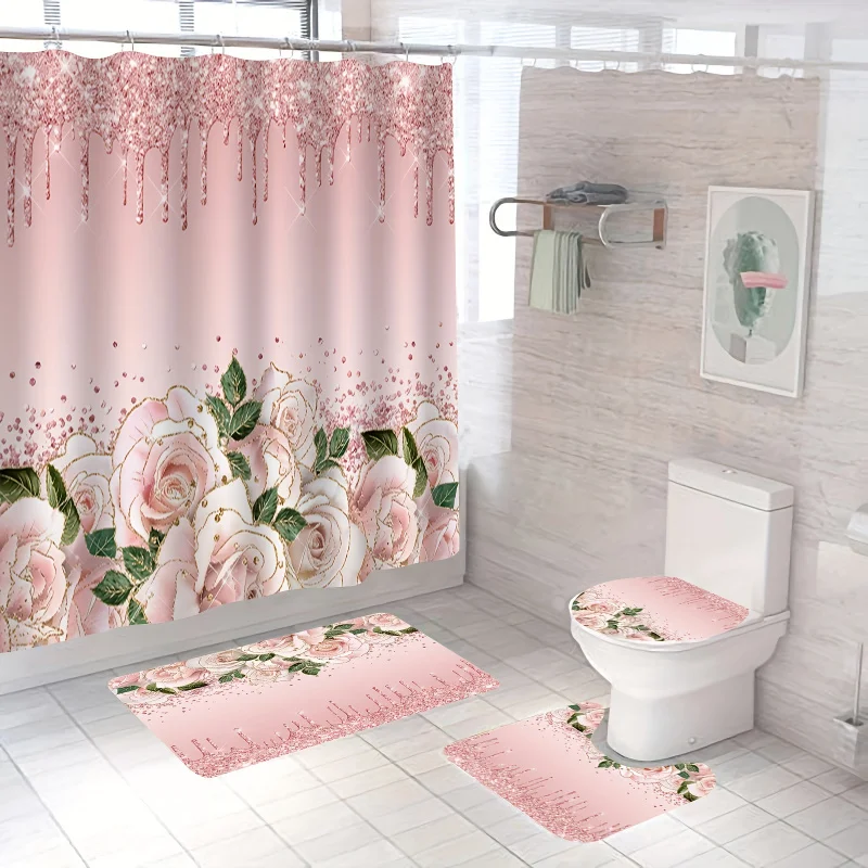 1/3/4PCs elegant pink rose shower curtain set-waterproof bathroom decor collection with rug, U-shape mat, toilet lid cover, an