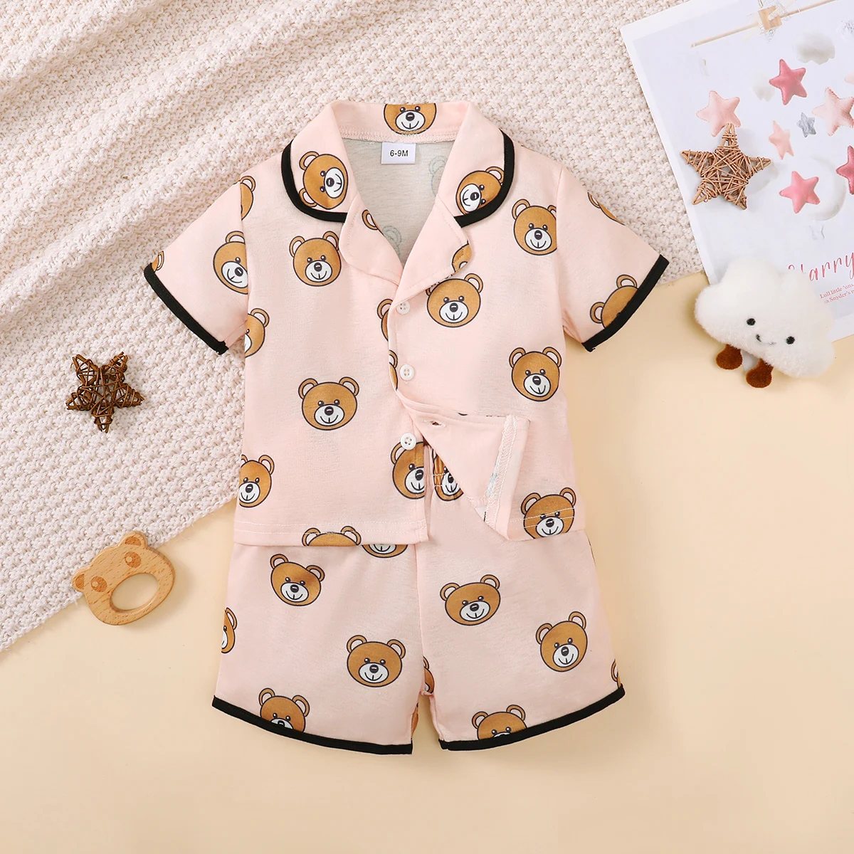 Children\'s Girls\' Cartoon Pajamas Teddy Bear Strawberry print Short sleeved+Shorts 2Pcs/Set 0-3 Years old Cute Baby Girl Pajamas