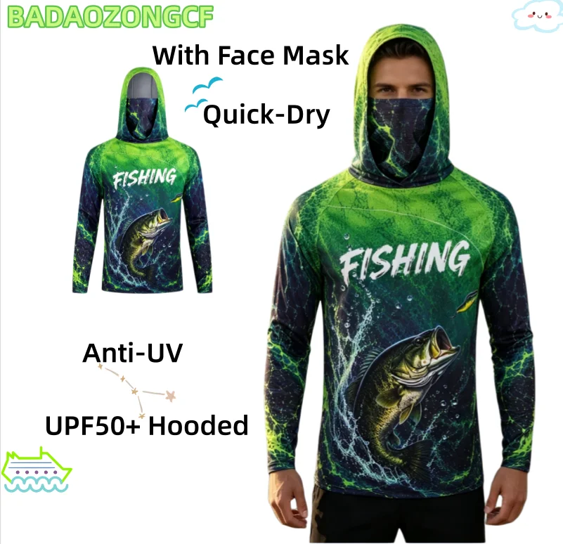 Men UPF50+ Hooded Fishing Shirt With Face Mask Long‑Sleeve Quick‑Dry Anti‑UV Bass Fish Ocean Print Outdoor Fisherman Jersey