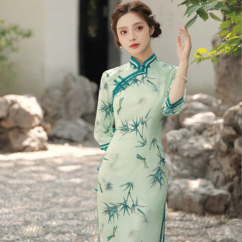 

Female Gentle Elegant Qipao Fashion Printed Daily Casual Dress Big Size Chinese Traditional Vestidos Vintage Cheongsam
