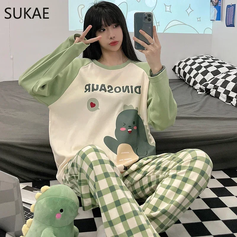 SUKAE Spring Autumn Long Sleeves Women Cotton Pajamas Sets Cute Cartoon Dinosaur Sleepwear Young Lady Homesuits Casual Pijamas