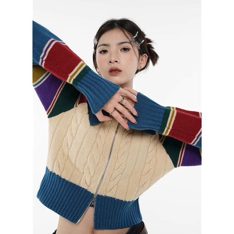 Women Green Stripe Short Sweater POLO Collar Color Contrast Fashion Retro Lazy Wind Winter Long Sleeves Knitting Cardigan Coat