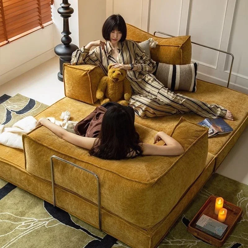 

French medieval fabric sofa small apartment living room apartment module straight row sitting and lying folding dual-purpose