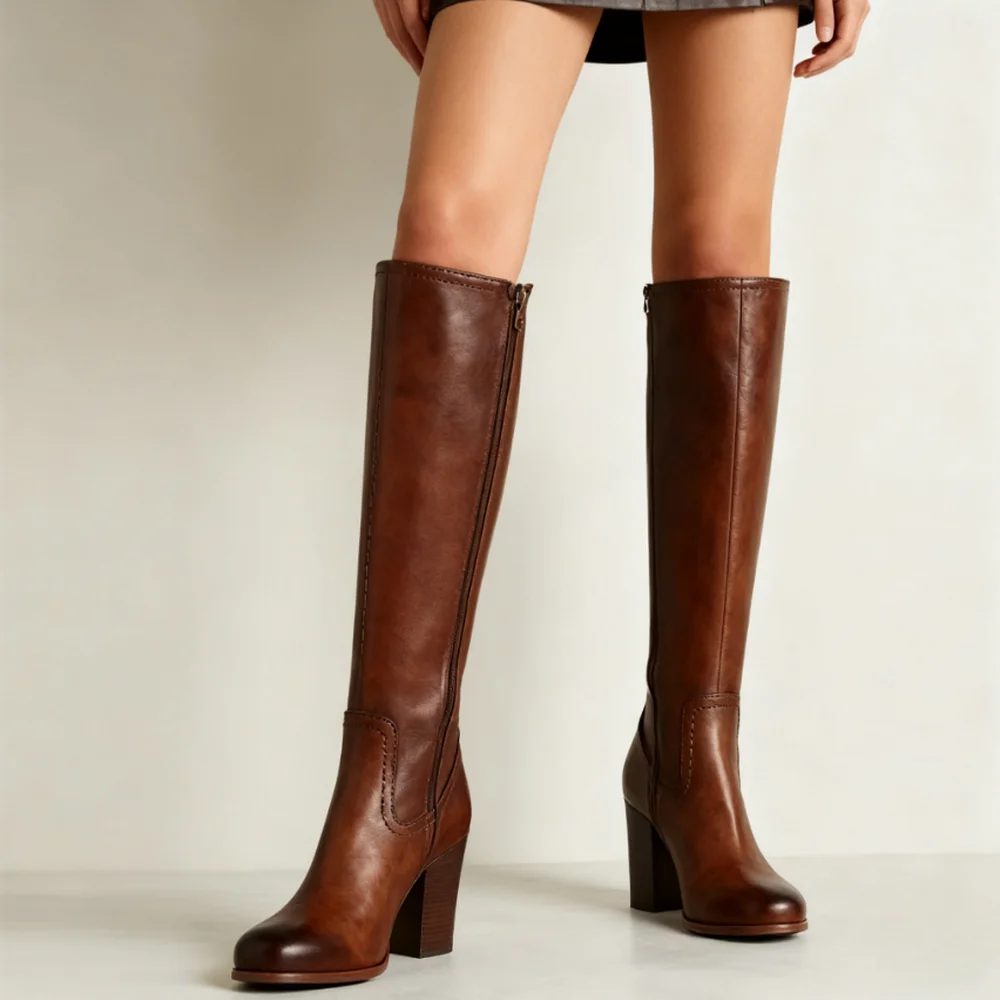 

FHC New Block Heel Women Knee High Boot,Long Botas,Fashion Autumn/Winter Shoes,Round Toe,Side Zip,Brown,34-43,Dropshipping