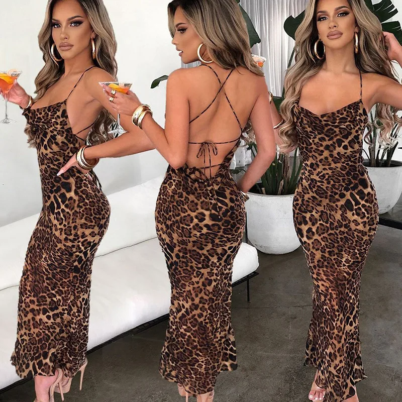 

2026 Summer Sexy Backless Slim Fit Midi Dress Leopard Print Club Dress Women's Fashionable Casual Short Sleeve Cotton Blend