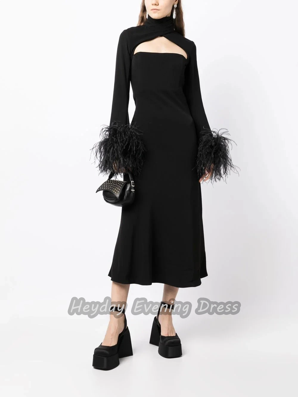 Heyday السعودية Feathers O-Neck Crepe Straight Long Sleeves Fashion Ankle Length Elegant Prom Dress For luxurious Woman 2024