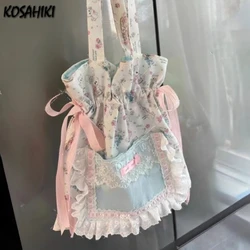 Japanese Sweet Y2k Flower Rabbit Print Shoulder Bags Drawstring Pleated Bow Underarm Bag Kawaii Lace Fashion Chic Handbags Women