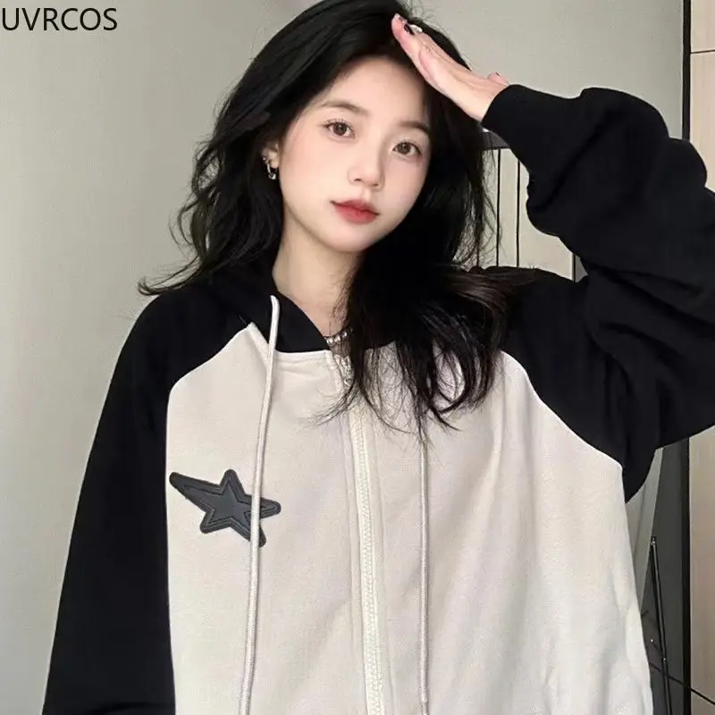 Harajuku Zip Hoodies Women Japanese Style Oversize Sweatshirts Kawaii Patchwork Star Gothic Y2k Hooded Overcoat Korean Fashion