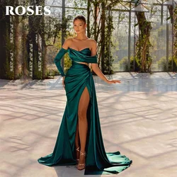 ROSES Teal Stain Formal Dresses Side Split Trumpet Party Dress For Wedding Off the Shoulder Special Occasion Dresses robe soirée