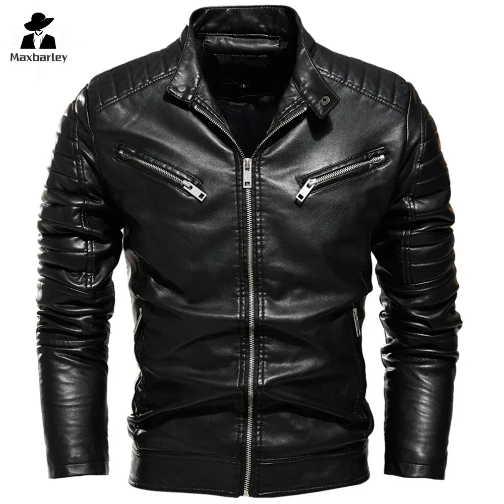 Luxury Leather Jacket Men\'s Winter New Fur Lining Warm Motorcycle Jacket Slim-fit Street Retro Black Leather Coat Slant Zipper