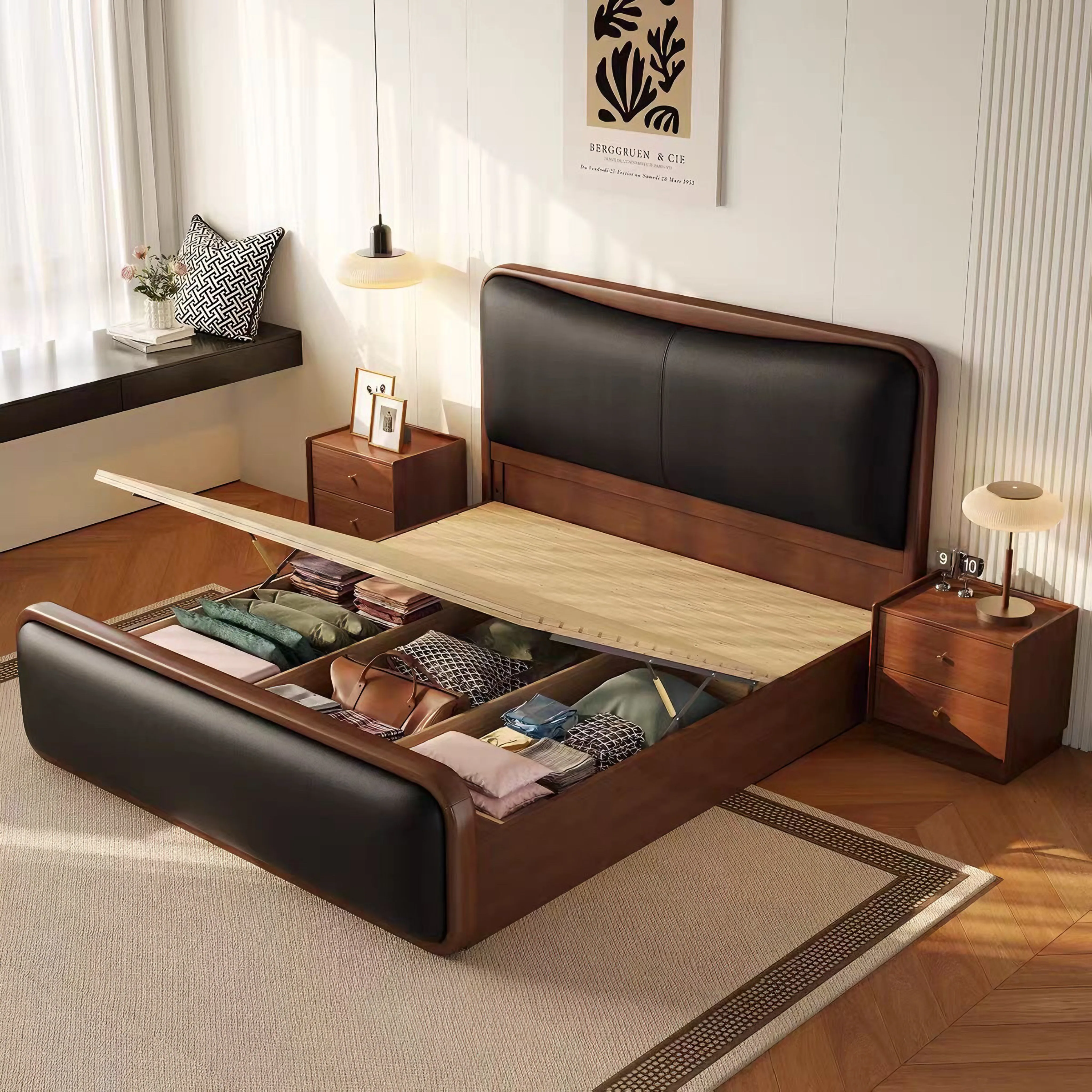 #French Modern Genuine Leather Upholstered Solid Wood Double Bed Adjustable Height High Storage Box Function for