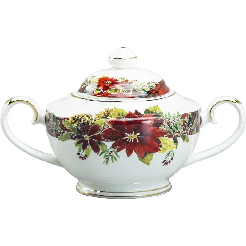 Poinsettia Holly Plaid 11-Piece Tea Set, Multi, Red