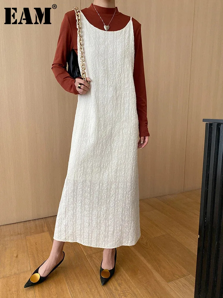 

[EAM] Women Beige Elegant Textured Long Spaghetti Strap Dress New Round Neck Sleeveless Fashion Tide Spring Autumn 2024 1DH7128